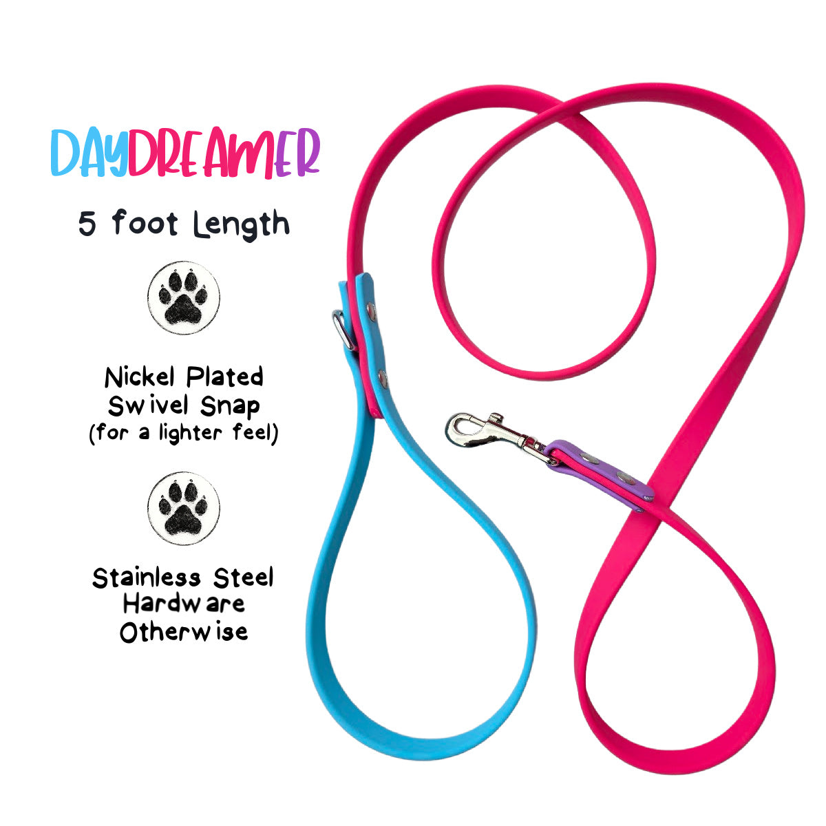 Daydreamer Biothane Dog Leash, 5 ft, Lightweight Nickel Snap