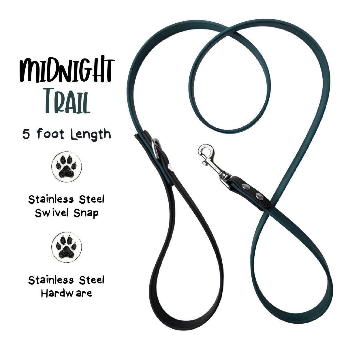 Midnight Trail Biothane Dog Leash - 5ft Stainless Steel Hardware