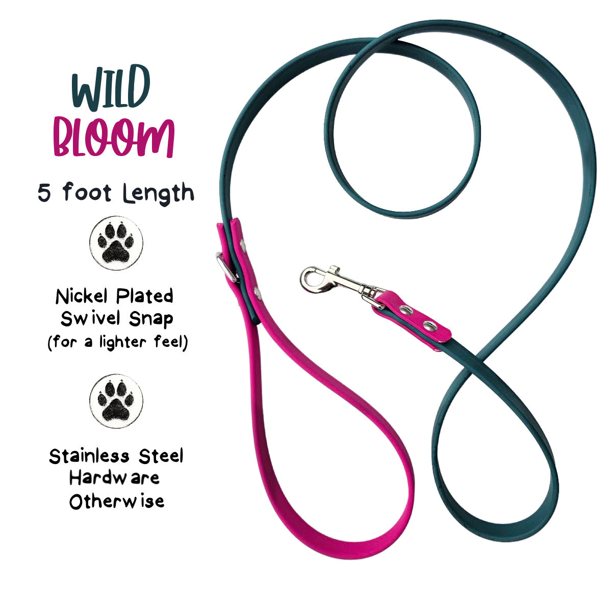 Wild Bloom Biothane Dog Leash, 5 ft, Lightweight Nickel Snap